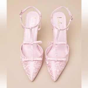 Kirbie Baby Pink Satin T-Strap Bow Pumps